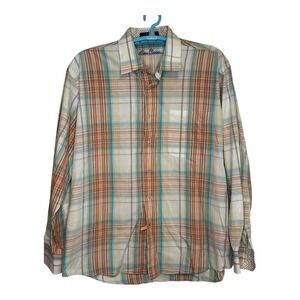 Alan Flusser Blue Cream Red Orange Plaid Button Up Long Sleeve Collared Shirt XL